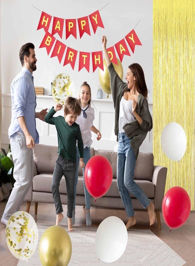 ANSOMO Red and Gold Happy Birthday Party Decorations with Banner Balloons Pom Poms Foil Fringe Curtains for Girls Women - Image 4