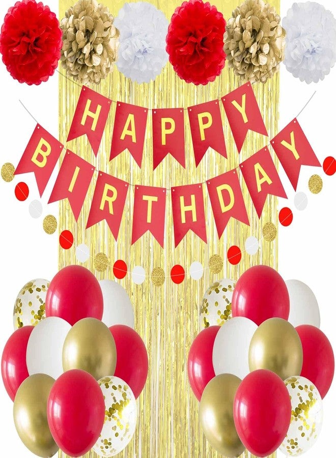 ANSOMO Red and Gold Happy Birthday Party Decorations with Banner Balloons Pom Poms Foil Fringe Curtains for Girls Women - Image 1