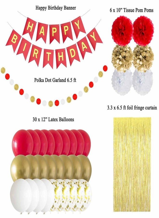 ANSOMO Red and Gold Happy Birthday Party Decorations with Banner Balloons Pom Poms Foil Fringe Curtains for Girls Women - Image 2