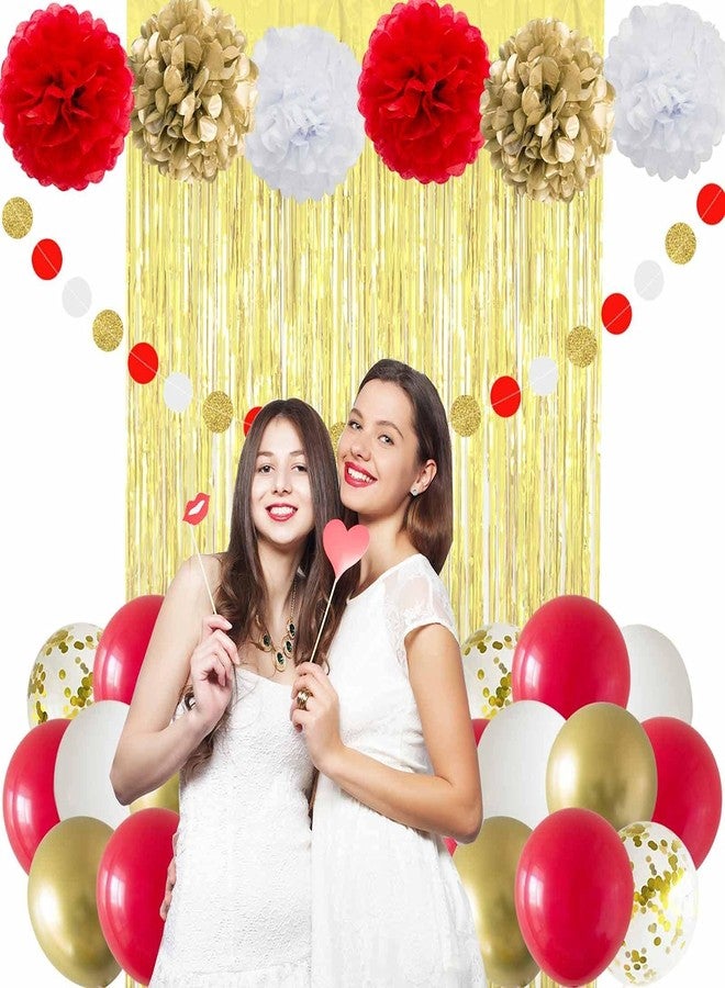 ANSOMO Red and Gold Happy Birthday Party Decorations with Banner Balloons Pom Poms Foil Fringe Curtains for Girls Women - Image 5