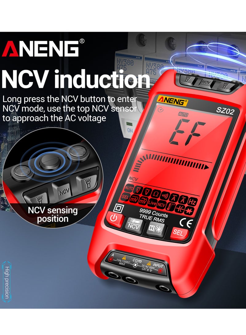 SZ02 Smart Digital Multimeter Auto Range 9999 Counts NCV Universal Meter Handheld Multifunctional Tester Voltmeter Ammeter Red - Image 3