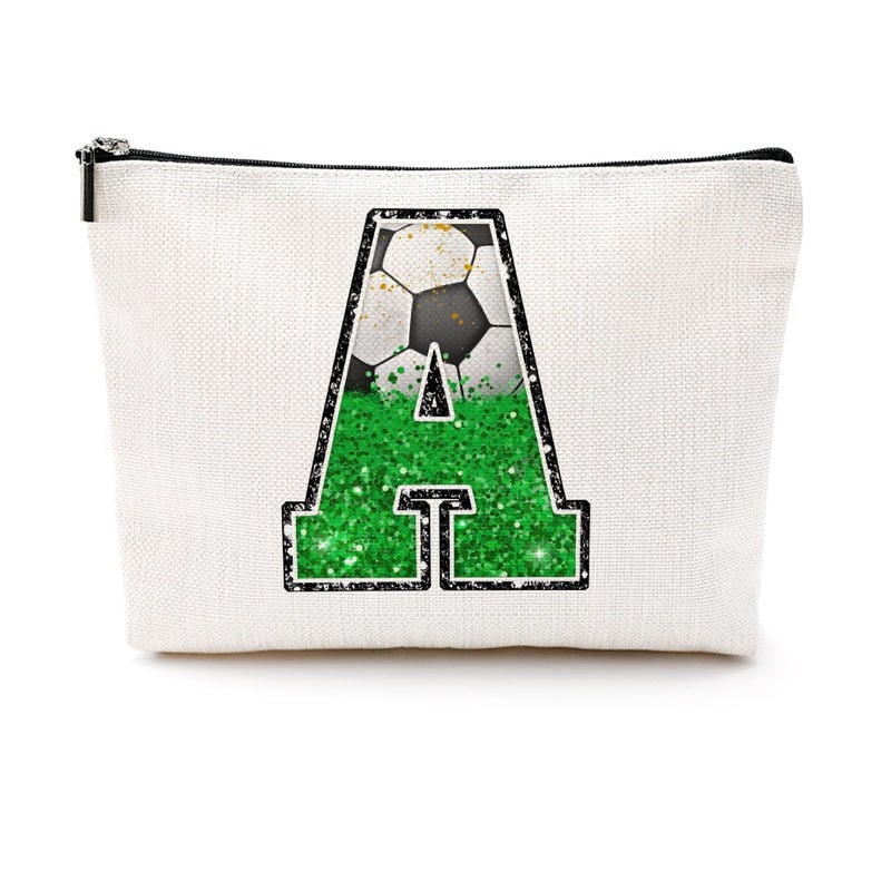 CQM Soccer Gifts Initial Makeup Bag Monogrammed Cosmetic Bag Letter A Zipper Pouch Soccer Accessories for Girls Women Player Coaches Friend Graduation Birthday Gifts - Image 1