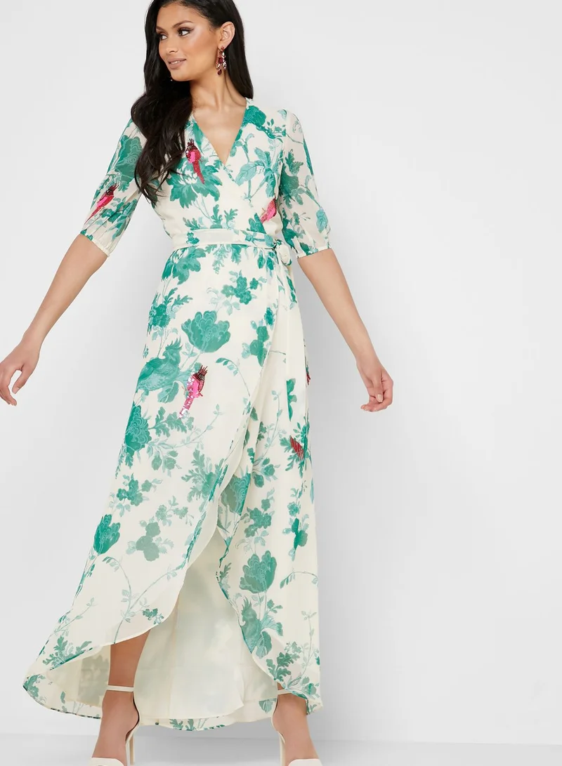 Hope & Ivy Bird Print Embellished Wrap Maxi Dress