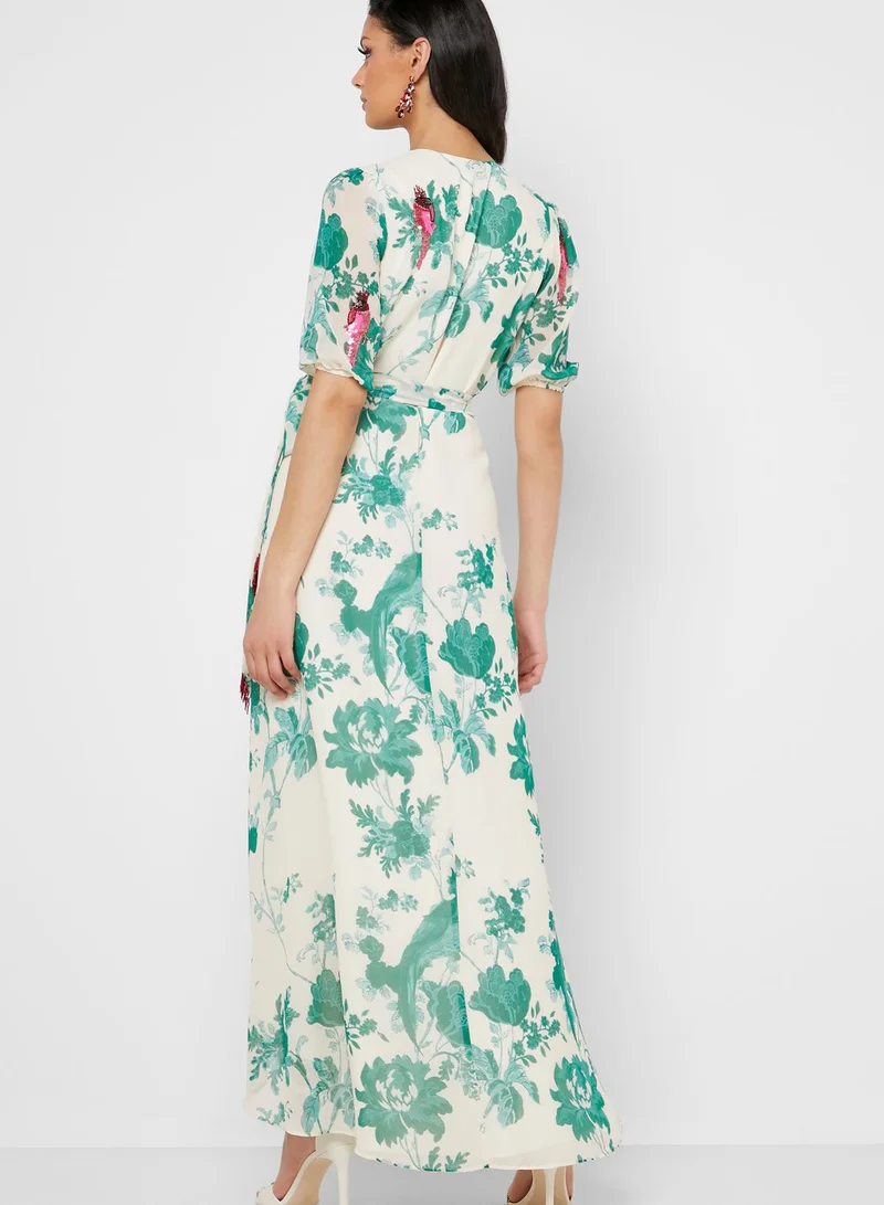Hope & Ivy Bird Print Embellished Wrap Maxi Dress