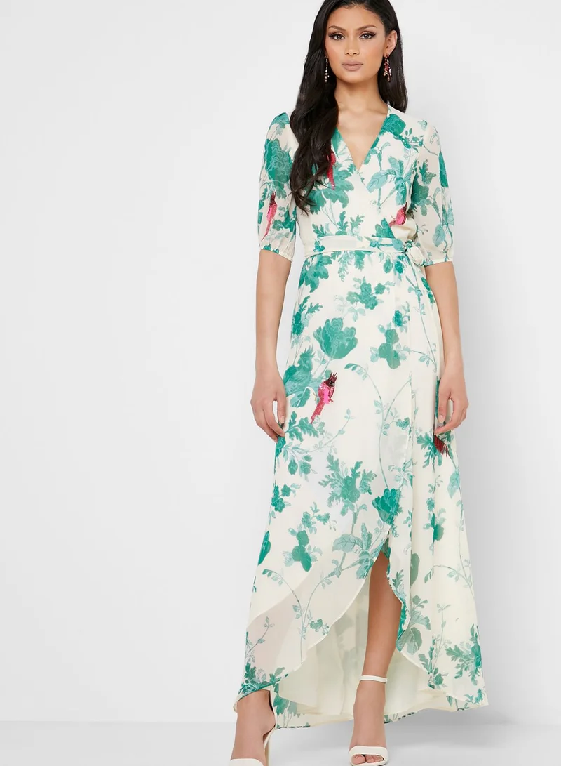 Hope & Ivy Bird Print Embellished Wrap Maxi Dress
