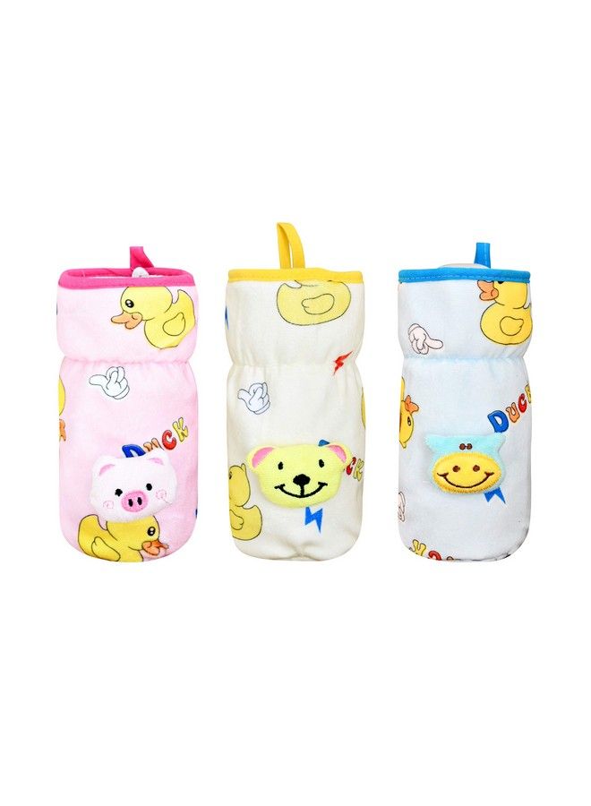 The Little Lookers Soft Plush Stretchable Baby Feeding Bottle Cover With Easy To Hold Strap ; Cute Animated Overall Print Pack Of 3 (Multicolor Wide Neck 240 330Ml;8 11Oz)