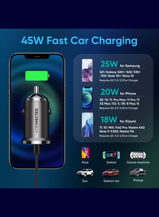 Connected Car Charger IRON45 45W USB-A 3.0 QC USB-C 35W Zink Alloy Material Slim and Compact - Image 3