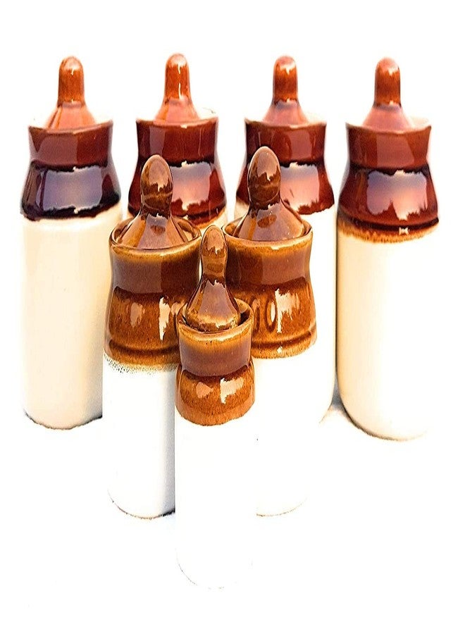 SHRIYAM CRAFT Ceramic 200 ml Jars Set of 4 with 2 , 100 ml Jar and Very Small jar - Total Set of 7 , Brown - Image 1