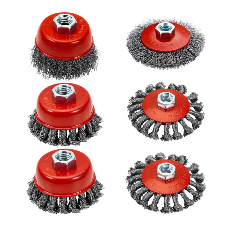 AUPREX 4 1/2" Angle Grinder Wire Wheel Set - 4 Inch & 3 Inch Knotted Coarse Crimped Wheels, Cup Brush with 5/8-11UNC Threaded Arbor - Image 1