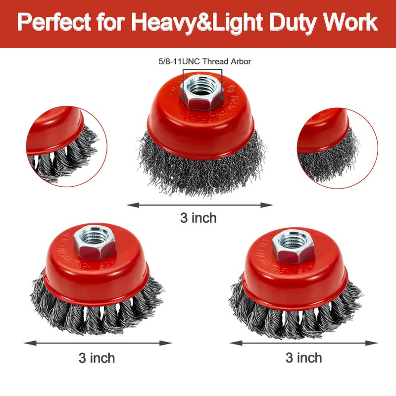 AUPREX 4 1/2" Angle Grinder Wire Wheel Set - 4 Inch & 3 Inch Knotted Coarse Crimped Wheels, Cup Brush with 5/8-11UNC Threaded Arbor - Image 3
