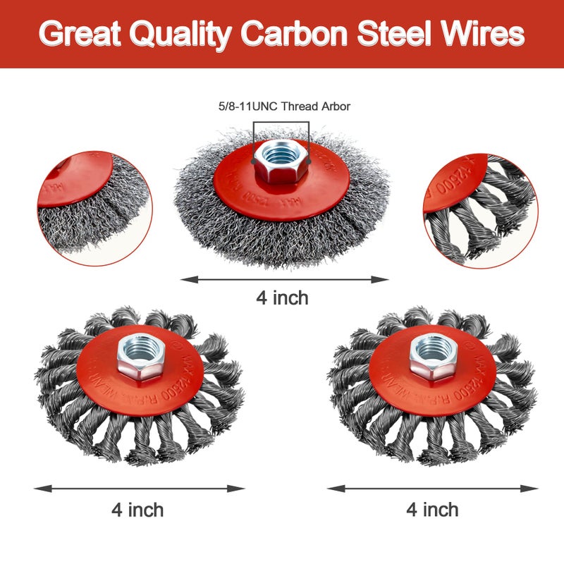 AUPREX 4 1/2" Angle Grinder Wire Wheel Set - 4 Inch & 3 Inch Knotted Coarse Crimped Wheels, Cup Brush with 5/8-11UNC Threaded Arbor - Image 2