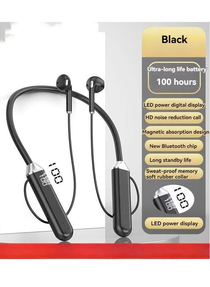 سماعة رأس بلوتوث لاسلكية جديدة معلقة على الرقبة، شاشة رقمية، سماعة رأس رياضية ستيريو بلوتوث، أسود - Image 1