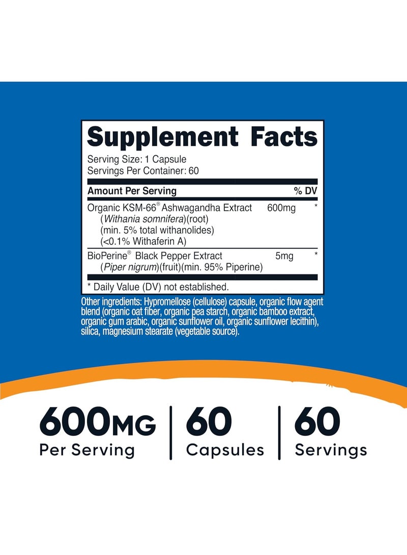 Nutricost KSM-66، مستخلص جذر الأشواغاندا، 600 ملغ، 30 كبسولة - Image 2