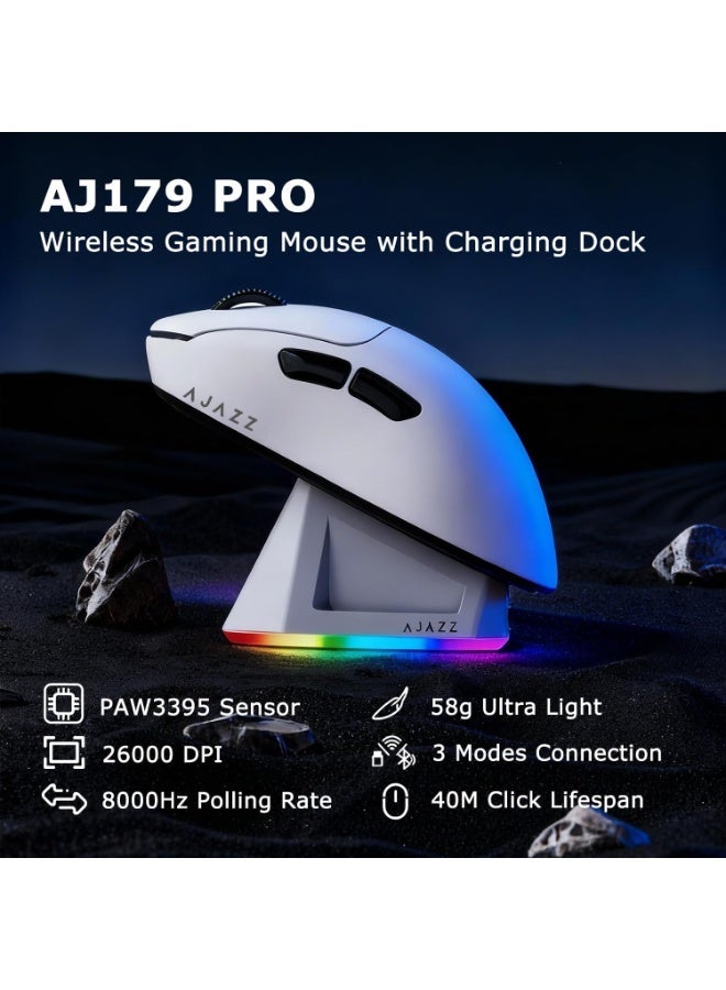 إيه جاز ماوس ألعاب إيجاز AJ179 PRO 8K لاسلكي ثلاثي الاوضاع (2.4G/سلكي/بلوتوث 5.2) معدل تصويب 8000 هرتز 26000 نقطة لكل بوصة مع مستشعر بصري PAW3395 للكمبيوتر الشخصي والكمبيوتر المحمول خفيف الوزن للغاية 58 غرام قاعدة شحن RGB مغناطيسية ابيض - Image 2