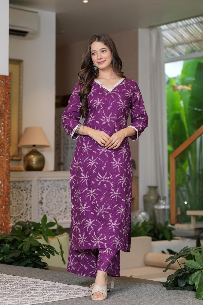 MEERA FAB Women Cotton Printed V-Neck Lace Kurta Palazzo Set Purple - Image 4