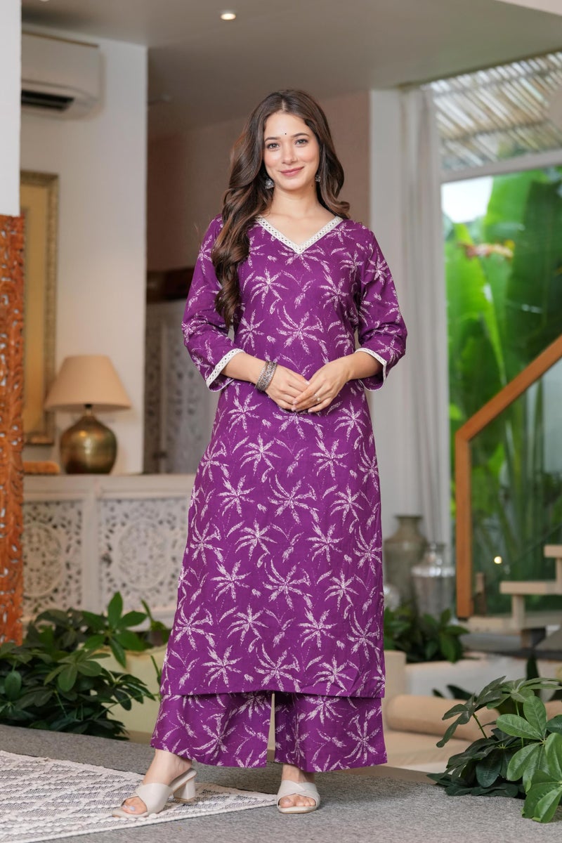 MEERA FAB Women Cotton Printed V-Neck Lace Kurta Palazzo Set Purple - Image 3
