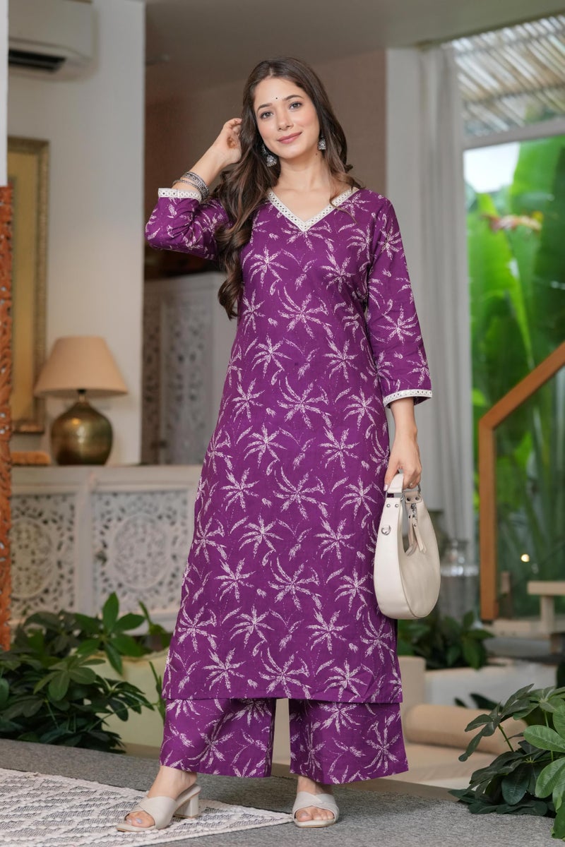 MEERA FAB Women Cotton Printed V-Neck Lace Kurta Palazzo Set Purple - Image 2