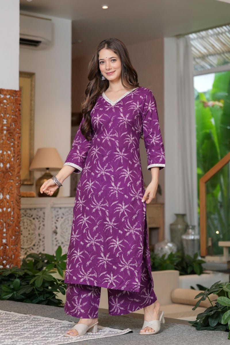 MEERA FAB Women Cotton Printed V-Neck Lace Kurta Palazzo Set Purple - Image 5