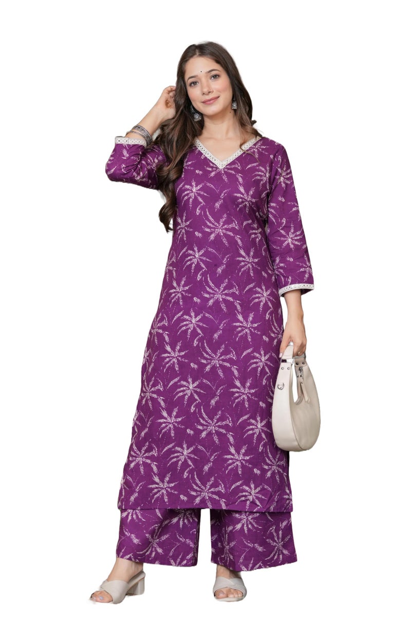 MEERA FAB Women Cotton Printed V-Neck Lace Kurta Palazzo Set Purple - Image 1