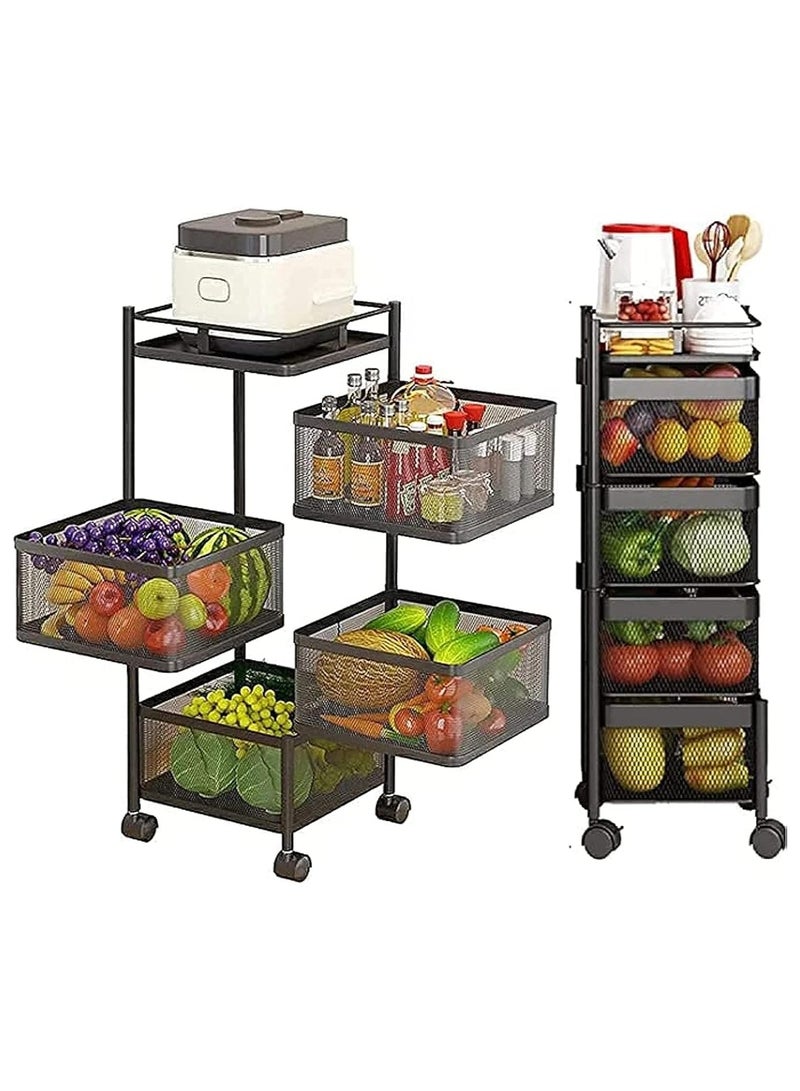BLOOMING TIME 4 Tier Square Metal Kitchen Storage Rack Shelf with Wheel, Black - Image 1