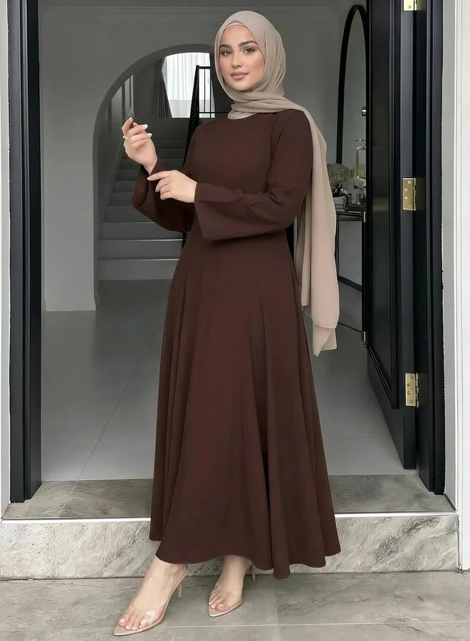 Styli dark brown Brown Solid A-Line Maxi Dress with Long Sleeves for Women | Best Price UAE