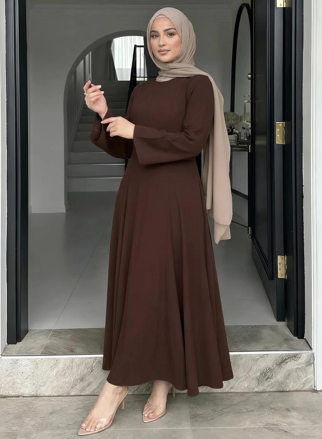 Styli Brown Solid A-Line Maxi Dress with Long Sleeves - Image 5