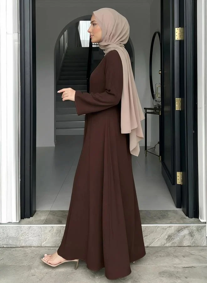 Styli dark brown Brown Solid A-Line Maxi Dress with Long Sleeves for Women | Best Price UAE