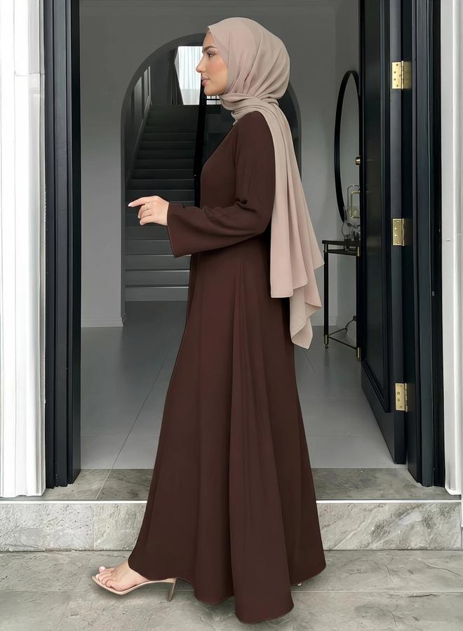 Styli Brown Solid A-Line Maxi Dress with Long Sleeves - Image 4