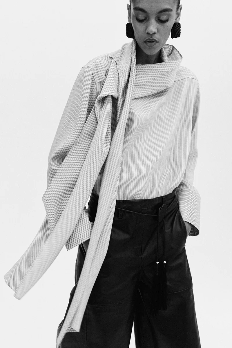 H&M Linen-blend scarf-collar blouse