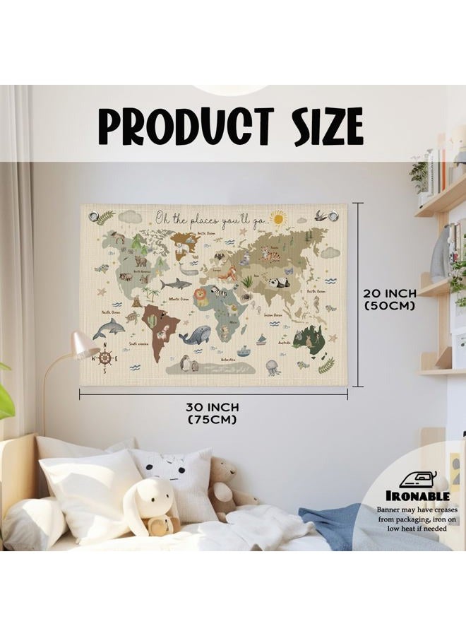 Wheatwin World Map Wall Art Banner for Kids 20x30, World Maps for Wall, World Map Cute Animal Educational Tapestry Wall Hanging Canvas Wall Decor Banner Flag Decor for Kids Room Playroom Classroom - Image 2