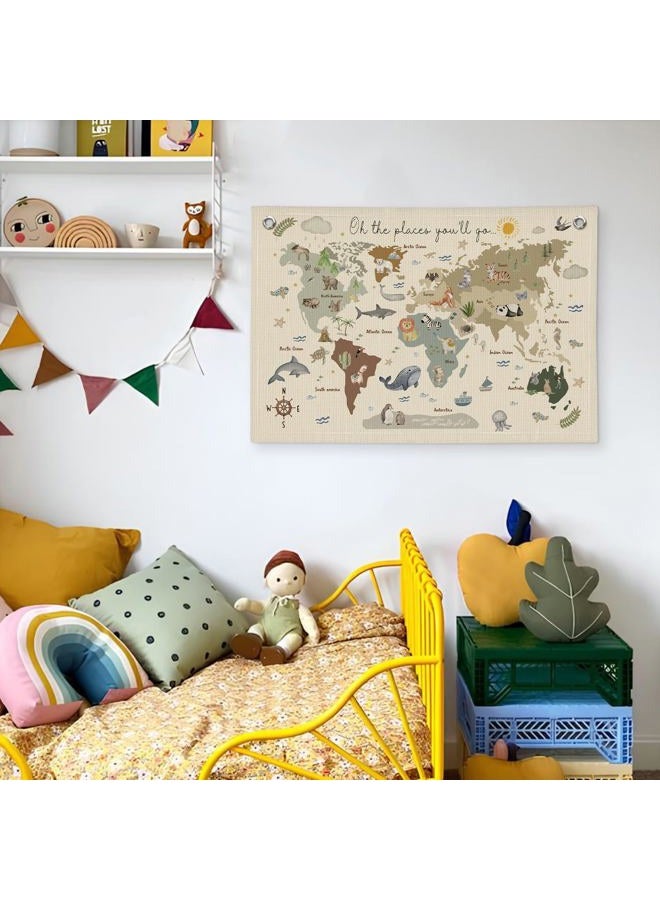 Wheatwin World Map Wall Art Banner for Kids 20x30, World Maps for Wall, World Map Cute Animal Educational Tapestry Wall Hanging Canvas Wall Decor Banner Flag Decor for Kids Room Playroom Classroom - Image 5