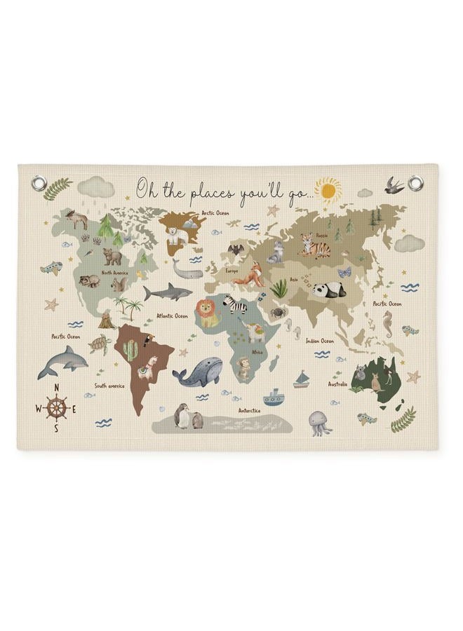 Wheatwin World Map Wall Art Banner for Kids 20x30, World Maps for Wall, World Map Cute Animal Educational Tapestry Wall Hanging Canvas Wall Decor Banner Flag Decor for Kids Room Playroom Classroom - Image 1