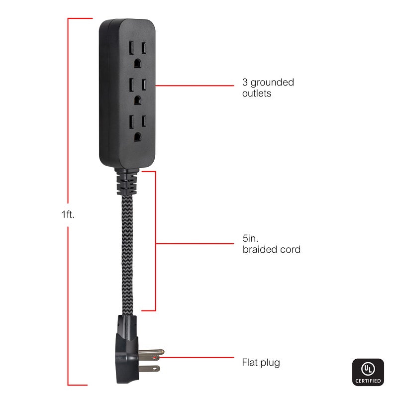 GE 3-Outlet Power Strip Mini Extension Cord with Multiple Outlets 5 Inch Braided Short Cord Extension Cord Grounded Flat Plug UL Listed Black 45191 - Image 2