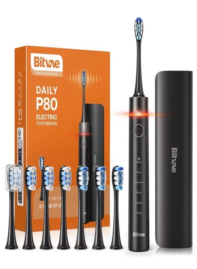 Bitvae Sonic Electric Toothbrush for Adults Black – Rechargeable Ultrasonic Tooth Brush with 5 Smart Modes, 8 Dupont Brush Heads, Fast USB Charging (2H), 30 Days Battery, Travel Case, IPX7 Waterproof, Soft “W” Shaped Bristles for Deep Cleansing, Whitening & Gum Care – Professional Dentist Recommended Toothbrush for Home, Travel & Office - Image 1