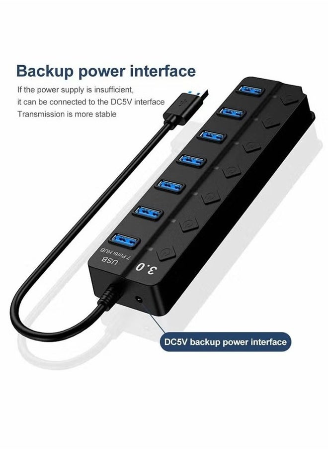 HY - Powered USB Hub 3.0, 7 Ports USB Charging Extender Data Hub Splitter Extension, with Individual Switches and Lights for PC, Computer, USB Devices Super Compatible, 5Gbps Data Transfer Speed - Image 1