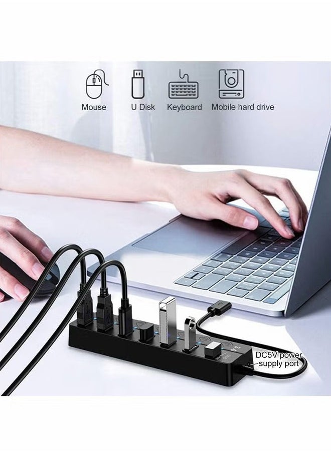 HY - Powered USB Hub 3.0, 7 Ports USB Charging Extender Data Hub Splitter Extension, with Individual Switches and Lights for PC, Computer, USB Devices Super Compatible, 5Gbps Data Transfer Speed - Image 1
