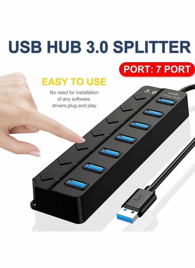 HY - Powered USB Hub 3.0, 7 Ports USB Charging Extender Data Hub Splitter Extension, with Individual Switches and Lights for PC, Computer, USB Devices Super Compatible, 5Gbps Data Transfer Speed - Image 1