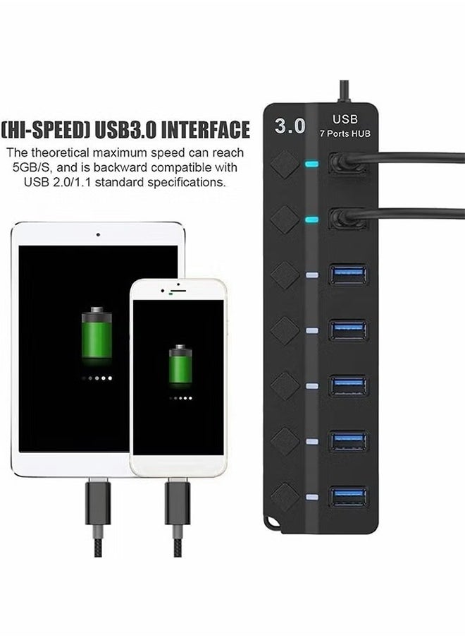HY - Powered USB Hub 3.0, 7 Ports USB Charging Extender Data Hub Splitter Extension, with Individual Switches and Lights for PC, Computer, USB Devices Super Compatible, 5Gbps Data Transfer Speed - Image 1