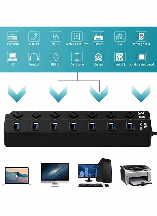 HY - Powered USB Hub 3.0, 7 Ports USB Charging Extender Data Hub Splitter Extension, with Individual Switches and Lights for PC, Computer, USB Devices Super Compatible, 5Gbps Data Transfer Speed - Image 1