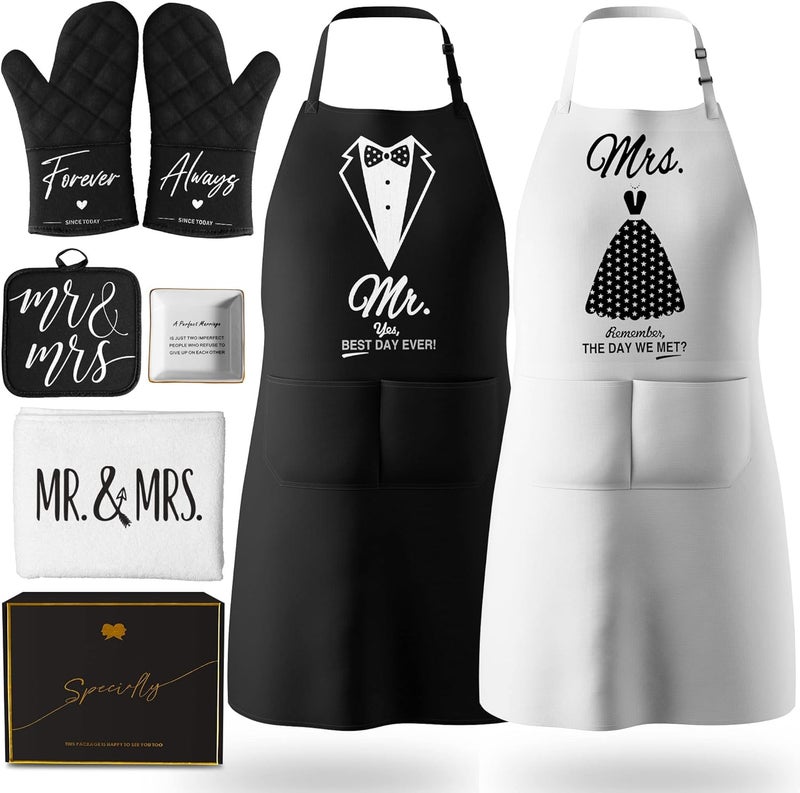 CITTA Mr & Mrs Aprons for Couple Gift-Anniversary,Bridal Shower,Wedding,Engagement,Christmas Gifts for Couple,Kitchen Gift Set - Image 1