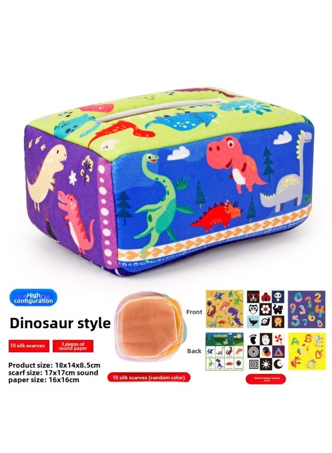 Baby Early Education Cloth Book Tissue Box Ring Paper Square Towel Cognitive Animal English Tear Not To Rip Children's Tissue Toy-Color:950-2 High With Dinosaur Tissue Box 10 Silk Scarf Random Color +3 Square Towel 81.4G  - Image 1