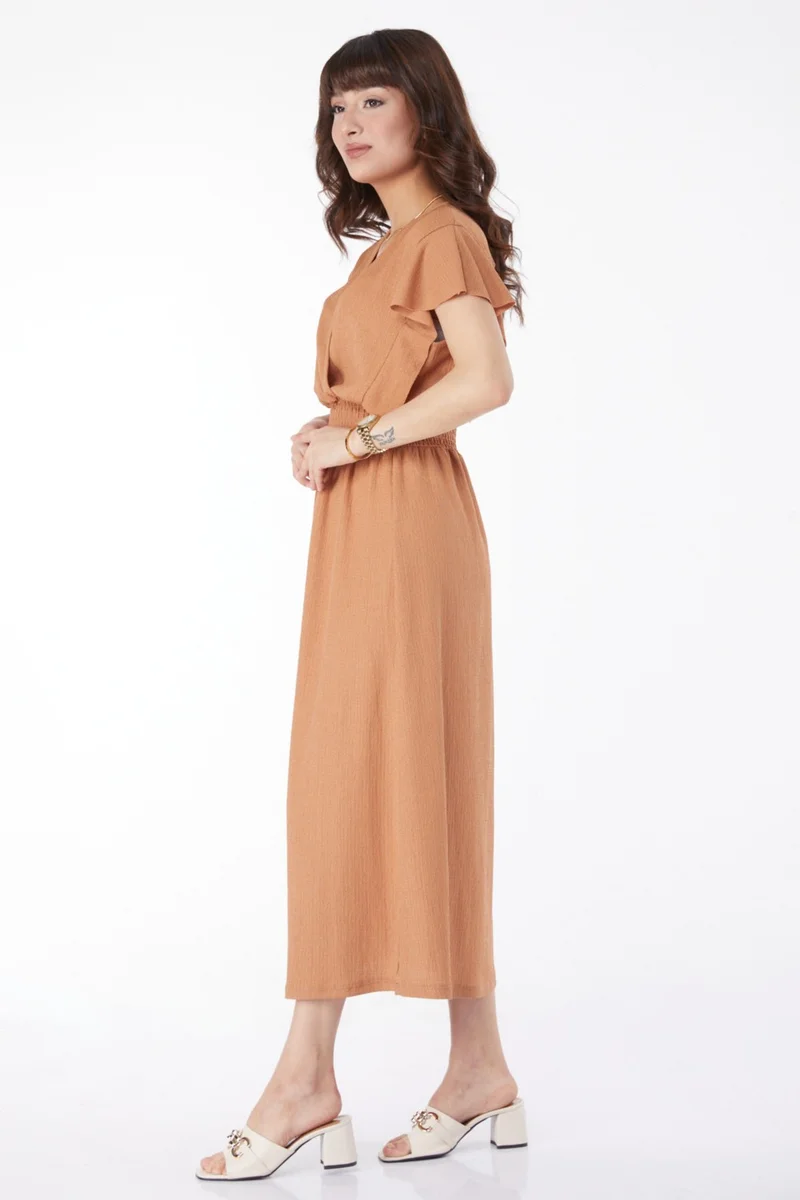Tofisa Plain Double Breasted Women's Tan Elastic Waist Dress - 25112