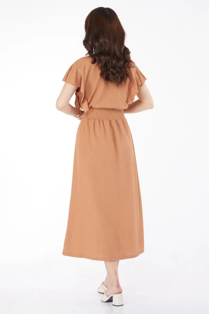 Tofisa Plain Double Breasted Women's Tan Elastic Waist Dress - 25112