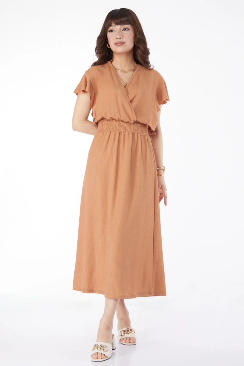 Tofisa Plain Double Breasted Women's Tan Elastic Waist Dress - 25112