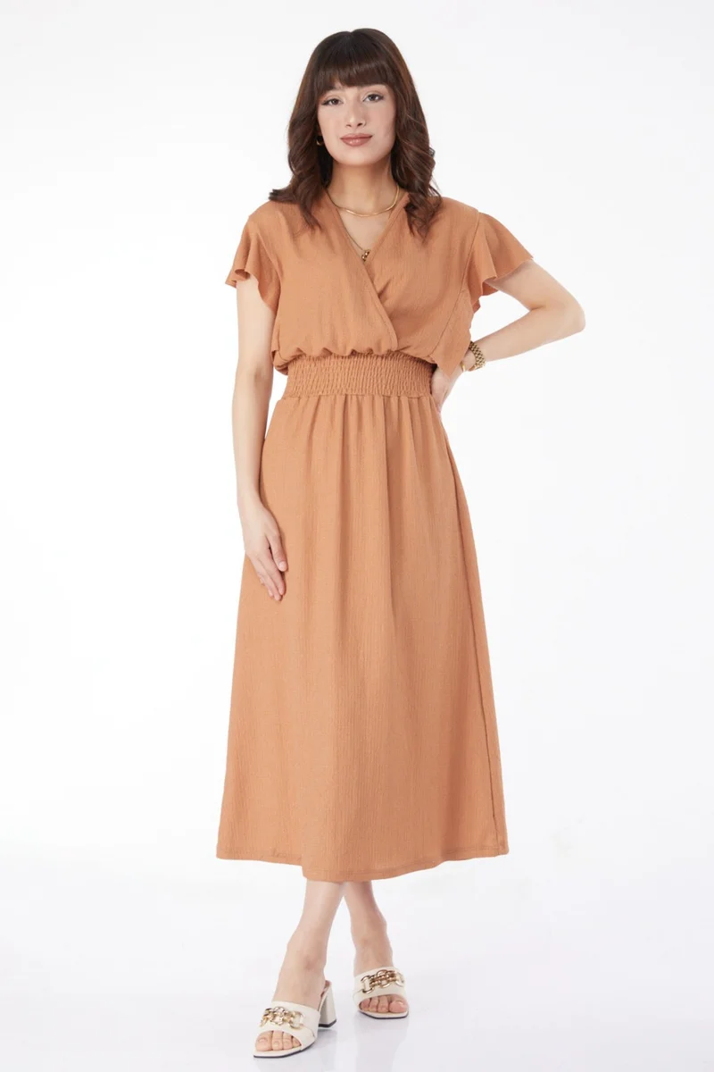 Tofisa Plain Double Breasted Women's Tan Elastic Waist Dress - 25112