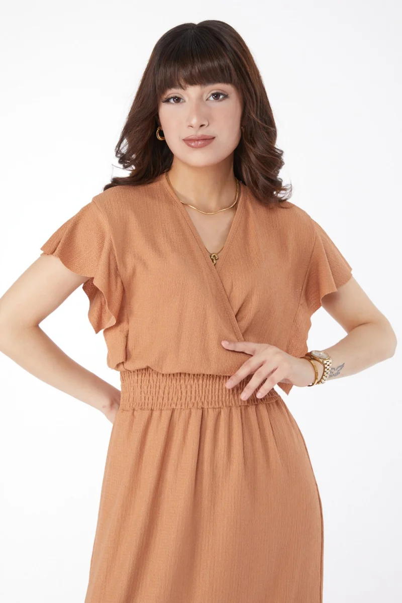 Tofisa Plain Double Breasted Women's Tan Elastic Waist Dress - 25112