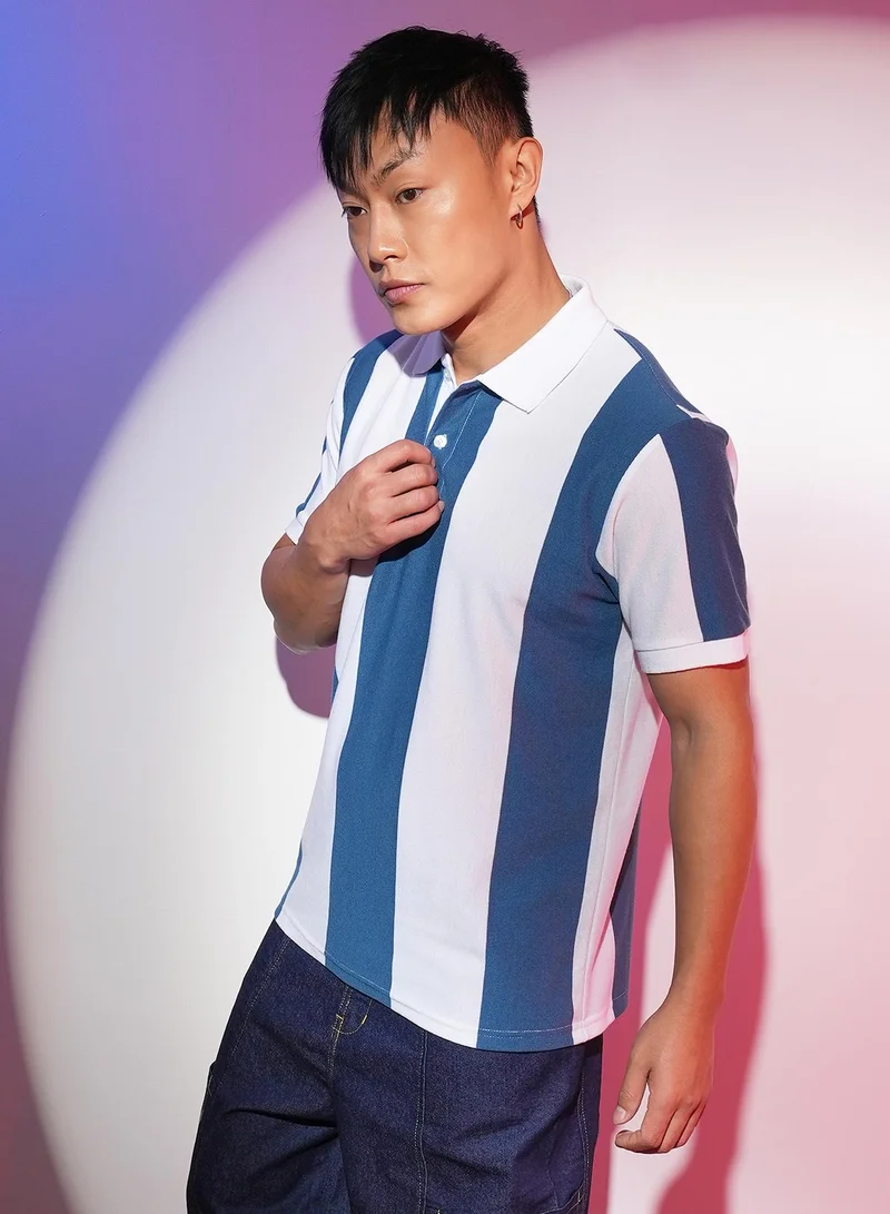 Campus Sutra Men's Aegean Blue & Chalk White Striped Polo Neck