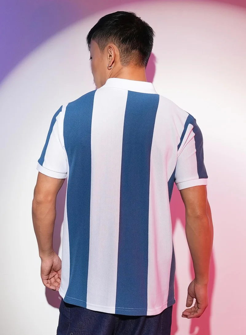 Campus Sutra Men's Aegean Blue & Chalk White Striped Polo Neck
