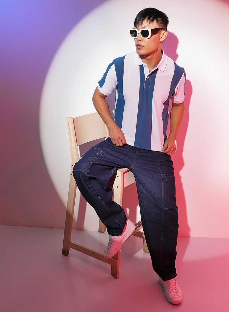 Campus Sutra Men's Aegean Blue & Chalk White Striped Polo Neck
