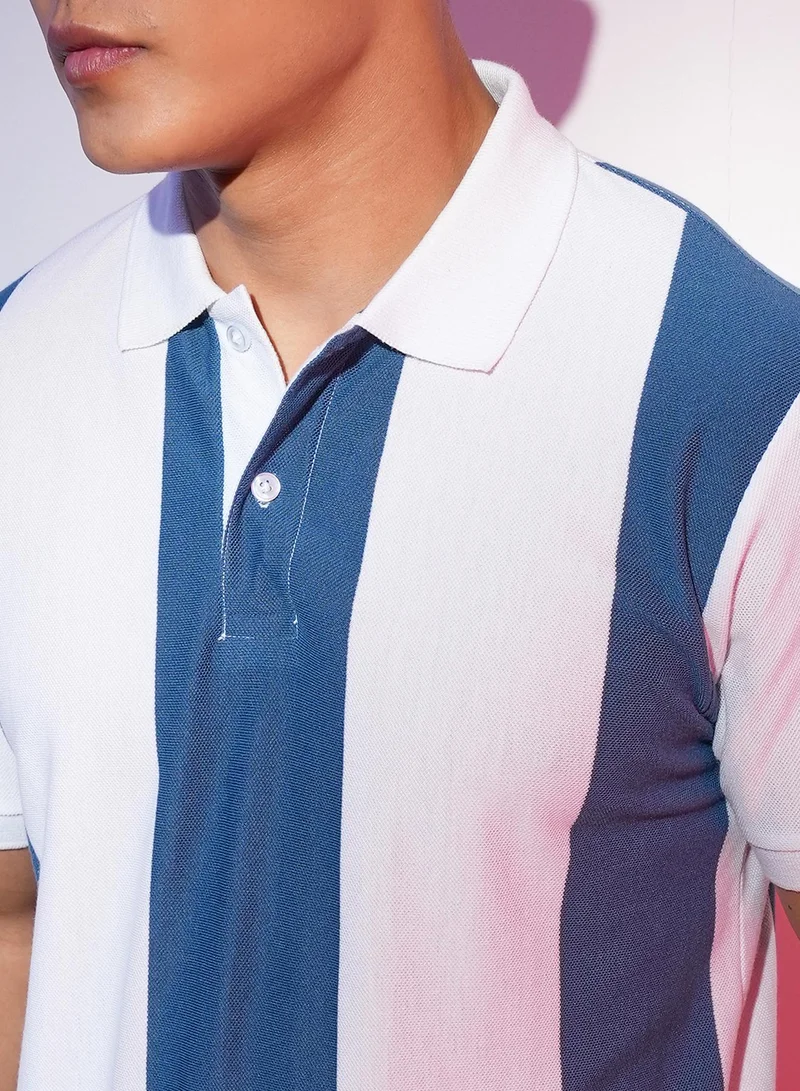Campus Sutra Men's Aegean Blue & Chalk White Striped Polo Neck